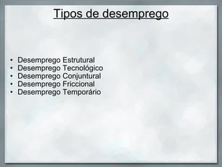 Tipos de desemprego Desemprego Estrutural Desemprego Tecnológico Desemprego Conjuntural Desemprego Friccional Desemprego Temporário  