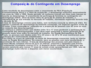 Composição do Contingente em Desemprego Como resultado do descompasso entre o crescimento da PEA (População Economicamente Ativa) e o ritmo de ocupações, o desemprego aumentou sensivelmente nos anos de 1994 a 1998. Neste período, as mulheres tiveram um ritmo mais intenso no tocante ao desemprego. O crescimento da participação feminina no contingente em desemprego reflete, além do baixo ritmo de geração de postos de trabalho, a intensificação de sua entrada no mercado de trabalho, movimento registrado durante toda a década de 90.  A taxa de desemprego cresceu para todos, sem nenhuma exceção ou distinção etária. No interior o aumento do desemprego foi bastante acentuado, em especial aqueles acima de 25 anos. Como conseqüência, expandiu-se a proporção de pessoas com 40 anos ou mais no conjunto dos desempregados.  As crianças e adolescentes com idades entre 10 e 17 anos perderam a participação no contingente dos desempregados, o que deve estar associado à menor participação de pessoas nesta faixa etária no mercado de trabalho. Na Região Metropolitana de São Paulo, as pessoas com idades entre 18 e 24 anos e de 25 a 39 anos mantiveram suas participações relativamente estabilizadas. Para todos os níveis de instrução, as taxas de desemprego cresceram, tanto no interior como na Região Metropolitana. No entanto, para as pessoas com mais escolaridade, o movimento foi mais intenso. A taxa de desemprego das pessoas com pelo menos o Ensino Médio completo elevou-se 51% no interior, enquanto a daqueles com Ensino Fundamental incompleto cresceu 27%. A despeito dessa evolução, os indivíduos que haviam concluído pelo menos 11 anos de estudo ainda apresentavam em 1998, taxa de desemprego muito inferior a daqueles com menor escolaridade. 