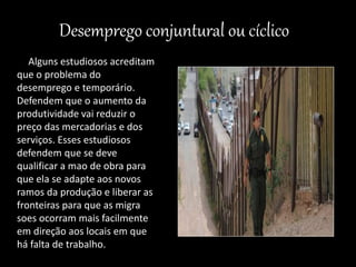 Desemprego conjuntural ou cíclico 
Alguns estudiosos acreditam 
que o problema do 
desemprego e temporário. 
Defendem que o aumento da 
produtividade vai reduzir o 
preço das mercadorias e dos 
serviços. Esses estudiosos 
defendem que se deve 
qualificar a mao de obra para 
que ela se adapte aos novos 
ramos da produção e liberar as 
fronteiras para que as migra 
soes ocorram mais facilmente 
em direção aos locais em que 
há falta de trabalho. 
 
