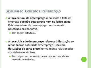 DESEMPREGO: CONCEITO E IDENTIFICAÇÃO
 A taxa natural de desemprego representa a falta de
emprego que não desaparece nem no longo prazo.
Refere-se à taxa de desemprego normalmente
observada na economia.
⚫ Tem origem estrutural.
 A taxa cíclica de desemprego refere-se à flutuação ao
redor da taxa natural de desemprego. Lida com
flutuações de curto prazo normalmente relacionadas
aos ciclos econômicos.
⚫ Tem origem em um evento de curto prazo que afeta o
mercado de trabalho.
 