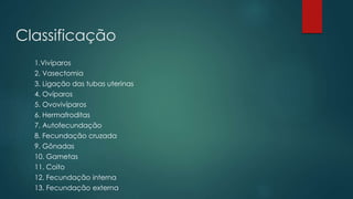 Classificação
1.Vivíparos
2. Vasectomia
3. Ligação das tubas uterinas
4. Ovíparos
5. Ovovivíparos
6. Hermafroditas
7. Autofecundação
8. Fecundação cruzada
9. Gônadas
10. Gametas
11. Coito
12. Fecundação interna
13. Fecundação externa
 