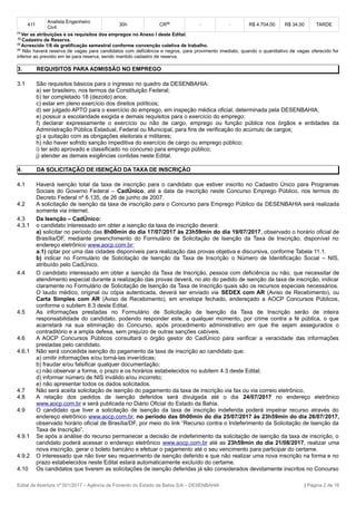 411
Analista Engenheiro
Civil
30h CR(2) _ _
R$ 4.704,00 R$ 34,00 TARDE
(1)
Ver as atribuições e os requisitos dos empregos no Anexo I deste Edital.
(2)
Cadastro de Reserva.
(3)
Acrescido 1/6 de gratificação semestral conforme convenção coletiva de trabalho.
(4)
Não haverá reserva de vagas para candidatos com deficiência e negros, para provimento imediato, quando o quantitativo de vagas oferecido for
inferior ao previsto em lei para reserva, sendo mantido cadastro de reserva.
3. REQUISITOS PARA ADMISSÃO NO EMPREGO
3.1 São requisitos básicos para o ingresso no quadro da DESENBAHIA:
a) ser brasileiro, nos termos da Constituição Federal;
b) ter completado 18 (dezoito) anos;
c) estar em pleno exercício dos direitos políticos;
d) ser julgado APTO para o exercício do emprego, em inspeção médica oficial, determinada pela DESENBAHIA;
e) possuir a escolaridade exigida e demais requisitos para o exercício do emprego;
f) declarar expressamente o exercício ou não de cargo, emprego ou função pública nos órgãos e entidades da
Administração Pública Estadual, Federal ou Municipal, para fins de verificação do acúmulo de cargos;
g) a quitação com as obrigações eleitorais e militares;
h) não haver sofrido sanção impeditiva do exercício de cargo ou emprego público;
i) ter sido aprovado e classificado no concurso para emprego público;
j) atender as demais exigências contidas neste Edital.
4. DA SOLICITAÇÃO DE ISENÇÃO DA TAXA DE INSCRIÇÃO
4.1 Haverá isenção total da taxa de inscrição para o candidato que estiver inscrito no Cadastro Único para Programas
Sociais do Governo Federal – CadÚnico, até a data da inscrição neste Concurso Emprego Público, nos termos do
Decreto Federal nº 6.135, de 26 de junho de 2007.
4.2 A solicitação de isenção da taxa de inscrição para o Concurso para Emprego Público da DESENBAHIA será realizada
somente via internet.
4.3 Da Isenção – CadÚnico:
4.3.1 o candidato interessado em obter a isenção da taxa de inscrição deverá:
a) solicitar no período das 8h00min do dia 17/07/2017 às 23h59min do dia 19/07/2017, observado o horário oficial de
Brasília/DF, mediante preenchimento do Formulário de Solicitação de Isenção da Taxa de Inscrição, disponível no
endereço eletrônico www.aocp.com.br;
a.1) optar por uma das cidades disponíveis para realização das provas objetiva e discursiva, conforme Tabela 11.1.
b) indicar no Formulário de Solicitação de Isenção da Taxa de Inscrição o Número de Identificação Social – NIS,
atribuído pelo CadÚnico.
4.4 O candidato interessado em obter a isenção da Taxa de Inscrição, pessoa com deficiência ou não, que necessitar de
atendimento especial durante a realização das provas deverá, no ato do pedido de isenção da taxa de inscrição, indicar
claramente no Formulário de Solicitação de Isenção da Taxa de Inscrição quais são os recursos especiais necessários.
O laudo médico, original ou cópia autenticada, deverá ser enviado via SEDEX com AR (Aviso de Recebimento), ou
Carta Simples com AR (Aviso de Recebimento), em envelope fechado, endereçado a AOCP Concursos Públicos,
conforme o subitem 8.3 deste Edital.
4.5 As informações prestadas no Formulário de Solicitação de Isenção da Taxa de Inscrição serão de inteira
responsabilidade do candidato, podendo responder este, a qualquer momento, por crime contra a fé pública, o que
acarretará na sua eliminação do Concurso, após procedimento administrativo em que lhe sejam assegurados o
contraditório e a ampla defesa, sem prejuízo de outras sanções cabíveis.
4.6 A AOCP Concursos Públicos consultará o órgão gestor do CadÚnico para verificar a veracidade das informações
prestadas pelo candidato.
4.6.1 Não será concedida isenção do pagamento da taxa de inscrição ao candidato que:
a) omitir informações e/ou torná-las inverídicas;
b) fraudar e/ou falsificar qualquer documentação;
c) não observar a forma, o prazo e os horários estabelecidos no subitem 4.3 deste Edital;
d) informar número de NIS inválido e/ou incorreto;
e) não apresentar todos os dados solicitados.
4.7 Não será aceita solicitação de isenção do pagamento da taxa de inscrição via fax ou via correio eletrônico.
4.8 A relação dos pedidos de isenção deferidos será divulgada até o dia 24/07/2017 no endereço eletrônico
www.aocp.com.br e será publicada no Diário Oficial do Estado da Bahia.
4.9 O candidato que tiver a solicitação de isenção da taxa de inscrição indeferida poderá impetrar recurso através do
endereço eletrônico www.aocp.com.br, no período das 0h00min do dia 25/07/2017 às 23h59min do dia 26/07/2017,
observado horário oficial de Brasília/DF, por meio do link “Recurso contra o Indeferimento da Solicitação de Isenção da
Taxa de Inscrição”.
4.9.1 Se após a análise do recurso permanecer a decisão de indeferimento da solicitação de isenção da taxa de inscrição, o
candidato poderá acessar o endereço eletrônico www.aocp.com.br até as 23h59min do dia 21/08/2017, realizar uma
nova inscrição, gerar o boleto bancário e efetuar o pagamento até o seu vencimento para participar do certame.
4.9.2 O interessado que não tiver seu requerimento de isenção deferido e que não realizar uma nova inscrição na forma e no
prazo estabelecidos neste Edital estará automaticamente excluído do certame.
4.10 Os candidatos que tiverem as solicitações de isenção deferidas já são considerados devidamente inscritos no Concurso
Edital de Abertura nº 001/2017 – Agência de Fomento do Estado da Bahia S/A – DESENBAHIA | Página 2 de 16
 