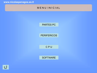 www.nicolaspenagos.es.tl

                           MENU INICIAL




                             PARTES PC



                            PERIFERICOS



                               CPU



                             SOFTWARE
 