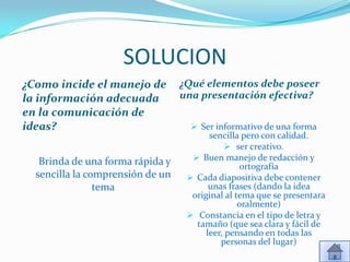 SOLUCION
¿Como incide el manejo de         ¿Qué elementos debe poseer
la información adecuada           una presentación efectiva?
en la comunicación de
ideas?                               Ser informativo de una forma
                                         sencilla pero con calidad.
                                              ser creativo.
   Brinda de una forma rápida y      Buen manejo de redacción y
                                                  ortografía
  sencilla la comprensión de un     Cada diapositiva debe contener
                tema                     unas frases (dando la idea
                                    original al tema que se presentara
                                                 oralmente)
                                    Constancia en el tipo de letra y
                                     tamaño (que sea clara y fácil de
                                        leer, pensando en todas las
                                            personas del lugar)
 