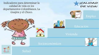 Indicadores para determinar la
calidad de vida en los
departamentos Colombianos, La
Guajira y el Choco.
Socioeconómicos
Salud
Educación
Empleo
Vivienda
 