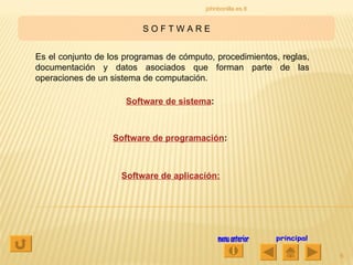 S O F T W A R E menu anterior principal johnbonilla.es.tl Es el conjunto de los programas de cómputo, procedimientos, reglas, documentación y datos asociados que forman parte de las operaciones de un sistema de computación. Software de sistema : Software de programación : Software de aplicación : 