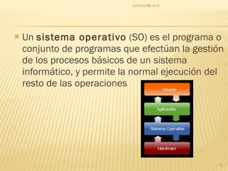 Un  sistema operativo  (SO) es el programa o conjunto de programas que efectúan la gestión de los procesos básicos de un sistema informático, y permite la normal ejecución del resto de las operaciones johnbonilla.es.tl 