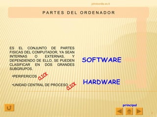 P A R T E S  D E L  O R D E N A D O R HARDWARE SOFTWARE ES EL CONJUNTO DE PARTES FISICAS DEL COMPUTADOR, YA SEAN INTERNAS O EXTERNAS, Y DEPENDIENDO DE ELLO, SE PUEDEN CLASIFICAR EN DOS GRANDES SUBGRUPOS. PERIFERICOS UNIDAD CENTRAL DE PROCESO CLICK CLICK principal johnbonilla.es.tl 