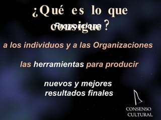 ¿Qué es lo que consigue? Proporciona   a los individuos y a las Organizaciones  las  herramientas  para producir nuevos y mejores  resultados finales 