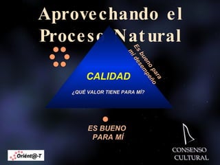 Aprovechando el Proceso Natural ES BUENO  PARA MÍ Es bueno para  mi desempeño CALIDAD ¿QUÉ VALOR TIENE PARA MÍ? 