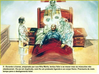 5 - Durante o transe, amparado por sua filha Marta, tentou falar e se mexer mas os músculos não
obedeceram. Viu-se em duplicata, com fio um prateado ligando-o ao corpo físico. Precisaria de mais
tempo para o desligamento total.
 