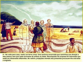 8 – Na volta para casa, vestiu um terno cinza. Uma senhora encarnada que caminhava em direção a
eles passou sem que nada ocorresse de ambos os lados. Recomposto da surpresa foi informado que
estão em dimensões diferentes. No velório, projeções mentais dos presentes provocam-lhe mal-estar
e angústia.
 