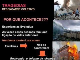 TRAGEDIAS
DESENCARNE COLETIVO
Experiencias Evolutiva
Revivendo o inferno de chamas 
As vezes essas pessoas tem uma
ligação de vidas anteriores
Nenhuma morte é por acaso
POR QUE ACONTECE???
Familiares Não se
conformam
 
