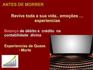 Revive toda a sua vida.. emoções …
experiencias
Balanço de débito e crédito na
contabilidade divina
Experiencias de Quase
- Morte
ANTES DE MORRER
 
