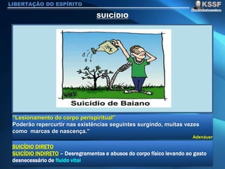 LIBERTAÇÃO DO ESPÍRITO
“Lesionamento do corpo perispiritual”
Poderão repercurtir nas existências seguintes surgindo, muitas vezes
como marcas de nascença.”
Adenáuer
SUICÍDIO DIRETO
SUICÍDIO INDIRETO – Desregramentos e abusos do corpo físico levando ao gasto
desnecessário de fluido vital
 