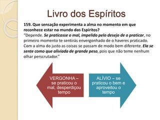 Livro dos Espíritos
159. Que sensação experimenta a alma no momento em que
reconhece estar no mundo dos Espíritos?
“Depende. Se praticasse o mal, impelido pelo desejo de o praticar, no
primeiro momento te sentirás envergonhado de o haveres praticado.
Com a alma do justo as coisas se passam de modo bem diferente. Ela se
sente como que aliviada de grande peso, pois que não teme nenhum
olhar perscrutador.”
VERGONHA –
se praticou o
mal, desperdiçou
tempo
ALÍVIO – se
praticou o bem e
aproveitou o
tempo
 