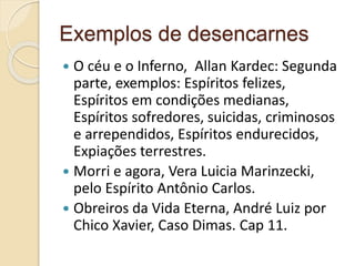 Exemplos de desencarnes
 O céu e o Inferno, Allan Kardec: Segunda
parte, exemplos: Espíritos felizes,
Espíritos em condições medianas,
Espíritos sofredores, suicidas, criminosos
e arrependidos, Espíritos endurecidos,
Expiações terrestres.
 Morri e agora, Vera Luicia Marinzecki,
pelo Espírito Antônio Carlos.
 Obreiros da Vida Eterna, André Luiz por
Chico Xavier, Caso Dimas. Cap 11.
 