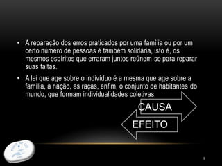 9
• A reparação dos erros praticados por uma família ou por um
certo número de pessoas é também solidária, isto é, os
mesmos espíritos que erraram juntos reúnem-se para reparar
suas faltas.
• A lei que age sobre o indivíduo é a mesma que age sobre a
família, a nação, as raças, enfim, o conjunto de habitantes do
mundo, que formam individualidades coletivas.
CAUSA
EFEITO
 