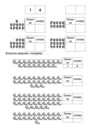 1 4 
Desen 
es Unitats Desen 
es Unitats 
Desen 
es Unitats Desen 
es Unitats 
Encercla desenes i completa: 
Desen 
es Unitats 
1 8 
Desen 
es Unitats 
Desen 
es Unitats 
Desen 
es Unitats 
 