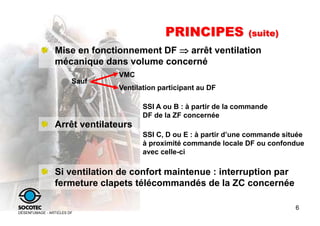 6
DÉSENFUMAGE - ARTICLES DF
PRINCIPES (suite)
Mise en fonctionnement DF  arrêt ventilation
mécanique dans volume concerné...