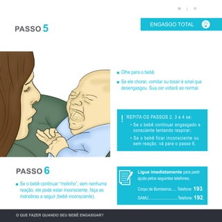 O QUE FAZER QUANDO SEU BEBÊ ENGASGAR?
	 Olhe para o bebê.
	 Se ele chorar, vomitar ou tossir é sinal que
desengasgou. Sua cor voltará ao normal.
	 Se o bebê continuar “molinho”, sem nenhuma
reação, ele pode estar inconsciente, faça as
manobras a seguir (bebê inconsciente).
PASSO
PASSO
5
6
ENGASGO TOTAL
1110
REPITA OS PASSOS 2, 3 e 4 se:
	 • Se o bebê continuar engasgado e 	
consciente tentando respirar;
	• Se o bebê ficar inconsciente ou 	
sem reação, vá para o passo 6.
!
Corpo de Bombeiros..... Telefone: 193.
SAMU.............................Telefone: 192.
Ligue imediatamente para pedir
ajuda pelos seguintes telefones.
 