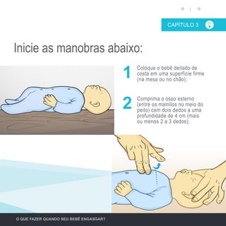O QUE FAZER QUANDO SEU BEBÊ ENGASGAR?
Coloque o bebê deitado de
costa em uma superfície firme
(na mesa ou no chão);
Comprima o osso esterno
(entre os mamilos no meio do
peito) com dois dedos a uma
profundidade de 4 cm (mais
ou menos 2 a 3 dedos);
1
2
CAPÍTULO 3
1312
Inicie as manobras abaixo:
 