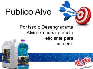 Publico Alvo
Por isso o Desengraxante
Alvinex é ideal e muito
eficiente para
uso em:
 