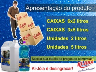 Ki-Jóia é desingraxar!
Apresentação do produto
CAIXAS 6x2 litros
CAIXAS 3x5 litros
Unidades 2 litros
Unidades 5 litros
Solicite sua tabela de preços ao comercial
 