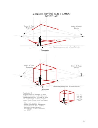Chega de conversa fiada e VAMOS
DESENHAR!

Ponto de Fuga
Esquerdo

Ponto de Fuga
Direito

Agora começamos a subir as linhas Verticais

Observador

Ponto de Fuga
Esquerdo

Ponto de Fuga
Direito

Agora começamos a subir as linhas Verticais

Observador
Para lembrar:]
* Nunca, mas NUNCA apague as linhas
auxiliares, antes que seu desenho esteja
completamente pronto. Nem que lhe dêem
com um gato morto na cabeça e o gato
comece a miar. Mesmo assim, não apague.

Viu? Viu?
Nâo falei
que era
fácil? Não
falei?

Cultura mais ou menos útil
Quando representamos graficamente
(desenhamos) um objeto, nas tres
dimensões ( largura, altura e
profundidade), estamos construindo
uma ÉPURA.

18

 