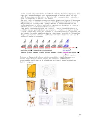 A idéia aqui não é buscar nenhuma profundidade em temas dispersivos à proposta deste
livro, que é, antes de qualquer coisa, ensinar Desenho de Móveis. Porém, não basta
saber desenho para desenhar móveis. É preciso saber construir a razão e o destino à
quem são desenhados os móveis: o Ser Humano.
Não basta conhecer madeiras, encaixes, parafusos, pregos, cola, tinta ou ferramentas e
ângulos de corte, se primeiro não soubermos como foi pensado tudo o que existe de
belo no universo. E conhecermos a base da beleza e da ordem das coisas, vai nos
auxiliar a pensamos no belo, no funcional, no ergonômico, e não apenas no comercial e
industrial. Essa é a razão áurea de todas as coisas.
Voce já deve ter lido na sua Bíblia, que o número 7 (Sete) é chamado de número da
perfeição. Mas por qual razão diriam isso os autores e estudiosos do Sagrado Livro?
Veja um exemplo disso abaixo. No diagrama, fiz a seguinte distribuição: Sete linhas por
sete colunas. No sentido horário, partindo de 1(um), segui a sequencia de Fibonacci até
chegar à quadragésima nona casa ( lembram que em Israel este deveria ser o Ano da
Remissão?). Vejam os resultados.
1
21
610
17711
515109
14955982
434238587
449728021

1
34
987
28657
833470
24199287
702612793
727675229
1905078589

2
55
1597
46478
1348579
39155269
1136851380
1177403360
3082481949

3
89
2584
75135
2182049
63354556
1839464173
1905078589
4987560538

5
144
4181
121613
3530628
102509825
2976315553
3082481949
8070042487

8
233
6765
196748
5712677
165864381
4815779726
4987560538

Diminuição da coluna......é igual à soma de duas colunas adiante!
418749153

677550357

1096299400

1773849757

2870149157

4643998914

13
33
377
953
10946
27670
318361
804703
9243305
23365817
268374206
678413506
7792095279 19697357491
8070042487 20399970173 Soma da fila
20399970173
Soma da coluna
7514148071 18994744809 Soma da linha H
Resultado da diminuição da coluna 12

Certo, certo. Agora que já sabe de onde tiro estas idéias estapafúrdias para meus
projetos, largue de ficar babando em cima dos desenhos e...COPIE-OS!!!!
Repita cada um muitas vezes. E se tiver dúvida, meu email é: dpacard@gmail.com.
Escreva e pergunte.

37

 