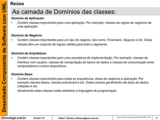 Desenhado Componente de Software com UML   Reúso
                                           As camada de Domínios das classes:
                                           Domínio da Aplicação:
                                           •  Contém classes importantes para uma aplicação. Por exemplo: classes de regras de negócios de
                                              uma aplicação.

                                           Domínio do Negócio:
                                           •  Contém classes importantes para um tipo de negócio, tais como: Financeiro, Seguros e etc. Estas
                                              classes têm um conjunto de regras válidas para todo o segmento.

                                           Domínio da Arquitetura:
                                           •  Contém classes importantes para uma arquitetura de implementação. Por exemplo, classes de
                                              interface com usuário, classes de manipulação de banco de dados e classes de comunicação entre
                                              computadores e outros dispositivos.

                                           Domínio Base:
                                           •  Contém classes importantes para todas as arquiteturas, áreas de negócios e aplicação. Por
                                              exemplo classes bases, classes estruturais e etc. Estas classes geralmente são tipos de dados,
                                              coleções e etc.
                                              Geralmente estas classes estão atrelados a linguagem de programação.




                                                                                                                     Todos os direitos reservados e protegidos © 2006 e 2007
                                                          Versão 7.0        Rildo F Santos (rildosan@uol.com.br)                                                               31
 