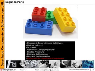 Desenhado Componente de Software com UML   Segunda Parte




                                                              - Processo de Desenvolvimento de Software
                                                              - UML e a visão 4+1
                                                              - Workflows
                                                              - Workflow de Design (Arquitetura)
                                                              - Road da Arquitetura
                                                              - Diagrama de Deployment
                                                              - Diagrama de Componentes
                                                              - Estudo de Caso: Identificando Componentes




                                                                                                              Todos os direitos reservados e protegidos © 2006 e 2007
                                                     Versão 7.0        Rildo F Santos (rildosan@uol.com.br)                                                             41
 