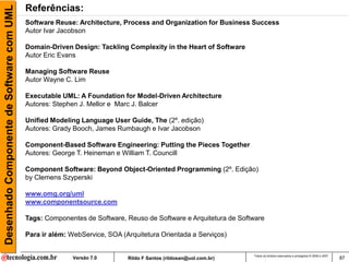 Desenhado Componente de Software com UML   Referências:
                                           Software Reuse: Architecture, Process and Organization for Business Success
                                           Autor Ivar Jacobson

                                           Domain-Driven Design: Tackling Complexity in the Heart of Software
                                           Autor Eric Evans

                                           Managing Software Reuse
                                           Autor Wayne C. Lim

                                           Executable UML: A Foundation for Model-Driven Architecture
                                           Autores: Stephen J. Mellor e Marc J. Balcer

                                           Unified Modeling Language User Guide, The (2º. edição)
                                           Autores: Grady Booch, James Rumbaugh e Ivar Jacobson

                                           Component-Based Software Engineering: Putting the Pieces Together
                                           Autores: George T. Heineman e William T. Councill

                                           Component Software: Beyond Object-Oriented Programming (2º. Edição)
                                           by Clemens Szyperski

                                           www.omg.org/uml
                                           www.componentsource.com

                                           Tags: Componentes de Software, Reuso de Software e Arquitetura de Software

                                           Para ir além: WebService, SOA (Arquitetura Orientada a Serviços)

                                                                                                                  Todos os direitos reservados e protegidos © 2006 e 2007
                                                          Versão 7.0       Rildo F Santos (rildosan@uol.com.br)                                                             87
 