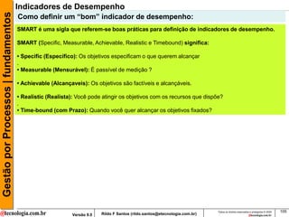Gestão por Processos | fundamentos   Indicadores de Desempenho
                                     Como definir um “bom” indicador de desempenho:
                                     SMART é uma sigla que referem-se boas práticas para definição de indicadores de desempenho.

                                     SMART (Specific, Measurable, Achievable, Realistic e Timebound) significa:

                                     • Specific (Específico): Os objetivos especificam o que querem alcançar
                                     .
                                     • Measurable (Mensurável): É passível de medição ?

                                     • Achievable (Alcançaveis): Os objetivos são factíveis e alcançáveis.

                                     • Realistic (Realista): Você pode atingir os objetivos com os recursos que dispõe?
                                     .
                                     • Time-bound (com Prazo): Quando você quer alcançar os objetivos fixados?




                                                                                                                          Todos os direitos reservados e protegidos © 2009   105
                                                          Versão 9.0   Rildo F Santos (rildo.santos@etecnologia.com.br)
 