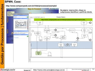 Gestão por Processos | fundamentos   BPMN. Case:
                                     http://www.companyweb.com.br/rildo/processos/exemplo/

                                                                                                             Na página: reserva.htm, clique no
                                                                                                             subprocesso Identificar o perfil do cliente.



                                                                                http://www.companyweb.com.br/rildo/processos/exemplo/reserva.htm




                                                                                                                            Todos os direitos reservados e protegidos © 2009   112
                                                       Versão 9.0   Rildo F Santos (rildo.santos@etecnologia.com.br)
 