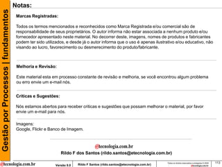 Gestão por Processos | fundamentos   Notas:
                                      Marcas Registradas:

                                      Todos os termos mencionados e reconhecidos como Marca Registrada e/ou comercial são de
                                      responsabilidade de seus proprietários. O autor informa não estar associada a nenhum produto e/ou
                                      fornecedor apresentado neste material. No decorrer deste, imagens, nomes de produtos e fabricantes
                                      podem ter sido utilizados, e desde já o autor informa que o uso é apenas ilustrativo e/ou educativo, não
                                      visando ao lucro, favorecimento ou desmerecimento do produto/fabricante.



                                      Melhoria e Revisão:

                                      Este material esta em processo constante de revisão e melhoria, se você encontrou algum problema
                                      ou erro envie um e-mail nós.


                                      Criticas e Sugestões:

                                      Nós estamos abertos para receber criticas e sugestões que possam melhorar o material, por favor
                                      envie um e-mail para nós.

                                      Imagens:
                                      Google, Flickr e Banco de Imagem.




                                                              Rildo F dos Santos (rildo.santos@etecnologia.com.br)

                                                                                                                          Todos os direitos reservados e protegidos © 2009   113
                                                          Versão 9.0   Rildo F Santos (rildo.santos@etecnologia.com.br)
 