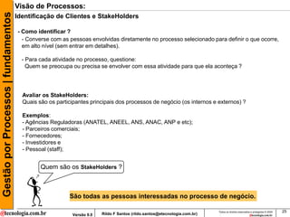 Gestão por Processos | fundamentos   Visão de Processos:
                                     Identificação de Clientes e StakeHolders

                                     - Como identificar ?
                                       - Converse com as pessoas envolvidas diretamente no processo selecionado para definir o que ocorre,
                                       em alto nível (sem entrar em detalhes).

                                       - Para cada atividade no processo, questione:
                                         Quem se preocupa ou precisa se envolver com essa atividade para que ela aconteça ?




                                       Avaliar os StakeHolders:
                                       Quais são os participantes principais dos processos de negócio (os internos e externos) ?

                                       Exemplos:
                                       - Agências Reguladoras (ANATEL, ANEEL, ANS, ANAC, ANP e etc);
                                       - Parceiros comerciais;
                                       - Fornecedores;
                                       - Investidores e
                                       - Pessoal (staff);


                                              Quem são os StakeHolders ?



                                                         São todas as pessoas interessadas no processo de negócio.

                                                                                                                          Todos os direitos reservados e protegidos © 2009   25
                                                          Versão 9.0   Rildo F Santos (rildo.santos@etecnologia.com.br)
 