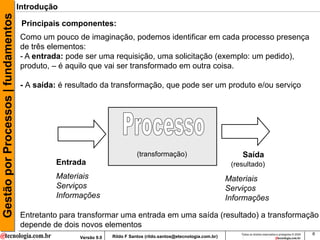 Gestão por Processos | fundamentos   Introdução

                                      Principais componentes:
                                     Como um pouco de imaginação, podemos identificar em cada processo presença
                                     de três elementos:
                                     - A entrada: pode ser uma requisição, uma solicitação (exemplo: um pedido),
                                     produto, – é aquilo que vai ser transformado em outra coisa.

                                     - A saída: é resultado da transformação, que pode ser um produto e/ou serviço




                                                                             (transformação)                              Saída
                                              Entrada                                                                 (resultado)
                                              Materiais                                                              Materiais
                                              Serviços                                                               Serviços
                                              Informações                                                            Informações

                                     Entretanto para transformar uma entrada em uma saída (resultado) a transformação
                                     depende de dois novos elementos
                                                                                                                         Todos os direitos reservados e protegidos © 2009   6
                                                     Versão 9.0   Rildo F Santos (rildo.santos@etecnologia.com.br)
 