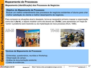 Gestão por Processos | fundamentos   Mapeamento de Processos
                                     Mapeamento (identificação) dos Processos de Negócios

                                      Objetivo do Mapeamento de Processos:
                                      Buscar um melhor entendimento dos processos de negócios existentes e futuros para criar
                                      melhor satisfação do cliente e melhor desempenho de negócios.

                                     Para comparar as situações atual e desejada, torna-se necessário primeiro mapear a organização
                                     como ela é (As-Is), e depois modelar como ela deverá ser (To-Be), para apresentar um mapa de
                                     “como” o problema será resolvido ou da implantação do novo processo (Hunt, 1996).




                                     Técnicas de Mapeamento de Processos:

                                     - Entrevistas, questionários, reuniões e Workshop;
                                     - Observação de campo;
                                     - Análise da documentação existente;
                                     - Coleta de evidências.
                                                                                                                         Todos os direitos reservados e protegidos © 2009   87
                                                         Versão 9.0   Rildo F Santos (rildo.santos@etecnologia.com.br)
 