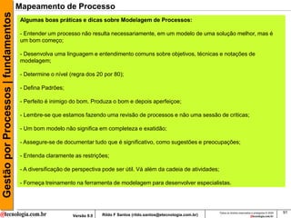 Gestão por Processos | fundamentos   Mapeamento de Processo
                                      Algumas boas práticas e dicas sobre Modelagem de Processos:

                                      - Entender um processo não resulta necessariamente, em um modelo de uma solução melhor, mas é
                                      um bom começo;

                                      - Desenvolva uma linguagem e entendimento comuns sobre objetivos, técnicas e notações de
                                      modelagem;

                                      - Determine o nível (regra dos 20 por 80);

                                      - Defina Padrões;

                                      - Perfeito é inimigo do bom. Produza o bom e depois aperfeiçoe;

                                      - Lembre-se que estamos fazendo uma revisão de processos e não uma sessão de criticas;

                                      - Um bom modelo não significa em completeza e exatidão;

                                      - Assegure-se de documentar tudo que é significativo, como sugestões e preocupações;

                                      - Entenda claramente as restrições;

                                      - A diversificação de perspectiva pode ser útil. Vá além da cadeia de atividades;

                                      - Forneça treinamento na ferramenta de modelagem para desenvolver especialistas.




                                                                                                                           Todos os direitos reservados e protegidos © 2009   91
                                                           Versão 9.0   Rildo F Santos (rildo.santos@etecnologia.com.br)
 