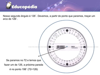 Se paramos no 72 e temos que
fazer um de 126, a próxima parada
é no ponto 198˚ (72+126)
Nosso segundo ângulo é 126˚. Devemos, a partir do ponto que paramos, traçar um
arco de 126˚.
 