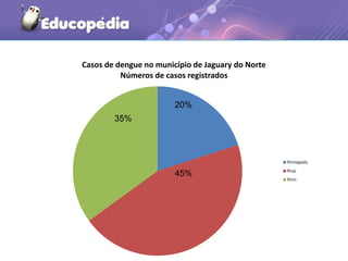 Casos de dengue no município de Jaguary do Norte
Números de casos registrados
Pirinópolis
Piraí
Piriri
35%
20%
45%
 