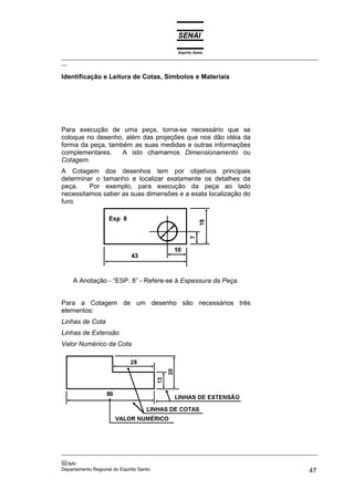 Espírito Santo
_________________________________________________________________________________________________
__

Identificação e Leitura de Cotas, Símbolos e Materiais




Para execução de uma peça, torna-se necessário que se
coloque no desenho, além das projeções que nos dão idéia da
forma da peça, também as suas medidas e outras informações
complementares.    A isto chamamos Dimensionamento ou
Cotagem.
A Cotagem dos desenhos tem por objetivos principais
determinar o tamanho e localizar exatamente os detalhes da
peça.    Por exemplo, para execução da peça ao lado
necessitamos saber as suas dimensões e a exata localização do
furo.




    A Anotação - “ESP. 8” - Refere-se à Espessura da Peça.


Para a Cotagem de um desenho são necessários três
elementos:
Linhas de Cota
Linhas de Extensão
Valor Numérico da Cota




_________________________________________________________________________________________________
__
SENAI
Departamento Regional do Espírito Santo                                                       47
 
