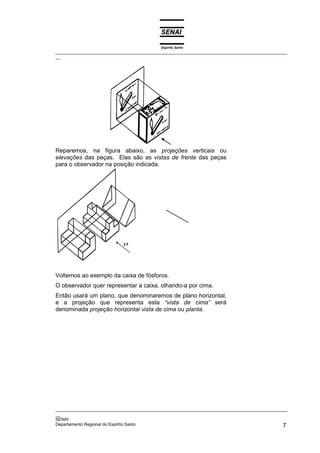 Espírito Santo
_________________________________________________________________________________________________
__




Reparemos, na figura abaixo, as projeções verticais ou
elevações das peças. Elas são as vistas de frente das peças
para o observador na posição indicada.




Voltemos ao exemplo da caixa de fósforos.
O observador quer representar a caixa, olhando-a por cima.
Então usará um plano, que denominaremos de plano horizontal,
e a projeção que representa esta “vista de cima” será
denominada projeção horizontal vista de cima ou planta.




_________________________________________________________________________________________________
__
SENAI
Departamento Regional do Espírito Santo                                                        7
 