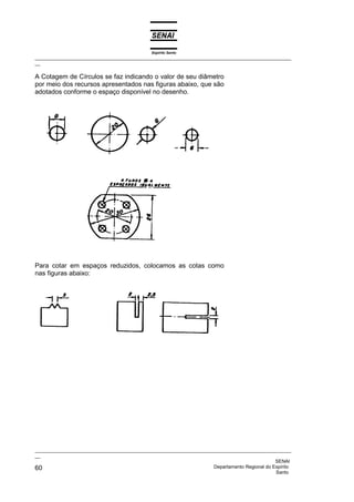 Espírito Santo
_________________________________________________________________________________________________
__

A Cotagem de Círculos se faz indicando o valor de seu diâmetro
por meio dos recursos apresentados nas figuras abaixo, que são
adotados conforme o espaço disponível no desenho.




Para cotar em espaços reduzidos, colocamos as cotas como
nas figuras abaixo:




_________________________________________________________________________________________________
__
                                                                                              SENAI
60                                                                  Departamento Regional do Espírito
                                                                                              Santo
 