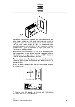 Espírito Santo
_________________________________________________________________________________________________
__




Reparemos que uma peça pode ter, pelo que foi esclarecido, até
seus vistas; entretanto, uma peça que estamos vendo ou
imaginando, deve ser representada por um número de vistas
que nos dê a idéia completa de peça, um número de vistas
essenciais para representá-la a fim de que possamos entender
qual é a forma e quais as dimensões da peça. Estas vistas são
chamadas de “vistas principais”.
Ao selecionar a posição da peça da qual se vai fazer a projeção,
escolhe-se para a vertical, aquela vista que mais caracteriza ou
individualiza a peça; por isso, é comum também chamar a
projeção vertical (elevação) de vista principal.
As três vistas, elevação, planta e vista lateral esquerda,
dispostas em posições normalizadas pela ABNT nos dão as
suas projeções.
A vista de frente (elevação) e a vista de cima (planta) alinham-
se verticalmente.




A vista de frente (elevação) e a vista de lado (vista lateral
esquerda) alinham-se horizontalmente.

_________________________________________________________________________________________________
__
SENAI
Departamento Regional do Espírito Santo                                                        9
 
