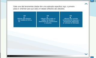 Cada uma das ferramentas citadas têm uma aplicação especíﬁca, logo, o primeiro
passo é entender para que cada um desses softwares são utilizados.
CA
D
Utilizado para desenho
de modelos em 2D ou
3D.
CA
E
Utilizado para auxiliar na
análise da robustez e
desempenho de componentes
e conjuntos.
CA
M
Utilizado para controlar
ferramentas de máquinas e
equipamento relacionado
ao processo de fabricação.
3
 
