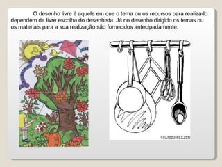 O desenho livre é aquele em que o tema ou os recursos para realizá-lo dependem da livre escolha do desenhista. Já no desenho dirigido os temas ou os materiais para a sua realização são fornecidos antecipadamente. 