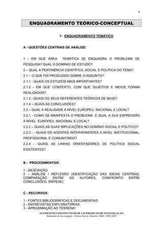 4


   ENQUADRAMENTO TEÓRICO-CONCEPTUAL

                         1- ENQUADRAMENTO TEMÁTICO


A - QUESTÕES CENTRAIS DE ANÁLISE:


1 - EM QUE ÁREA            TEMÁTICA SE ENQUADRA O PROBLEMA DE
PESQUISA? QUAL O DOMÍNIO DE ESTUDO?
2 – QUAL A PERTINÊNCIA CIENTÍFICA, SOCIAL E POLÍTICA DO TEMA?
2.1 - O QUE FOI PRODUZIDO SOBRE O ASSUNTO?
2.1.1 - QUAIS OS ESTUDOS MAIS IMPORTANTES?
2.1.2 - EM QUE CONTEXTO, COM QUE SUJEITOS E MEIOS FORAM
REALIZADOS?
2.1.3 - QUAIS OS SEUS REFERENTES TEÓRICOS DE BASE?
2.1.4 – QUAIS AS CONCLUSÕES?
2.2 – QUAL A REALIDADE A NÍVEL EUROPEU, NACIONAL E LOCAL?
2.2.1 - COMO SE MANIFESTA O PROBLEMA E QUAL A SUA EXPRESSÃO
A NÍVEL EUROPEU, NACIONAL E LOCAL?
2.2.2 – QUAIS AS SUAS IMPLICAÇÕES NO DOMÍNIO SOCIAL E POLÍTICO?
2.2.3 – QUAIS OS AGENTES INTERVENIENTES A NÍVEL INSTITUCIONAL,
PROFISSIONAL E COMUNITÁRIO?
2.2.4 - QUAIS AS LINHAS ORIENTADORES DE POLÍTICA SOCIAL
EXISTENTES?



B - PROCEDIMENTOS:

1 - DESCRIÇÃO
2 – ANÁLISE / REFLEXÃO (IDENTIFICAÇÃO DAS IDEIAS CENTRAIS,
COMPARAÇÃO     ENTRE  OS    AUTORES,   CONFRONTO    ENTRE
CONCLUSÕES, SÍNTESE)


C - RECURSOS:

1 - FONTES BIBLIOGRÁFICAS E DOCUMENTAIS
2 - ENTREVISTAS EXPLORATÓRIAS
3 - APROXIMAÇÃO AO TERRENO
         ELEMENTOS CONSTITUTIVOS DE UM PROJECTO DE INVESTIGAÇÃO
             Seminário de Investigação...Helena Neves Almeida, ISBB...2002-2003
 