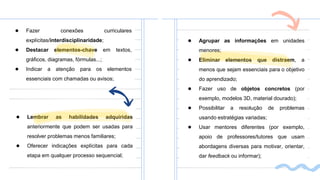 ● Fazer conexões curriculares
explícitas/interdisciplinaridade;
● Destacar elementos-chave em textos,
gráficos, diagramas, fórmulas...;
● Indicar a atenção para os elementos
essenciais com chamadas ou avisos;
● Lembrar as habilidades adquiridas
anteriormente que podem ser usadas para
resolver problemas menos familiares;
● Oferecer indicações explícitas para cada
etapa em qualquer processo sequencial;
● Agrupar as informações em unidades
menores;
● Eliminar elementos que distraem, a
menos que sejam essenciais para o objetivo
do aprendizado;
● Fazer uso de objetos concretos (por
exemplo, modelos 3D, material dourado);
● Possibilitar a resolução de problemas
usando estratégias variadas;
● Usar mentores diferentes (por exemplo,
apoio de professores/tutores que usam
abordagens diversas para motivar, orientar,
dar feedback ou informar);
 